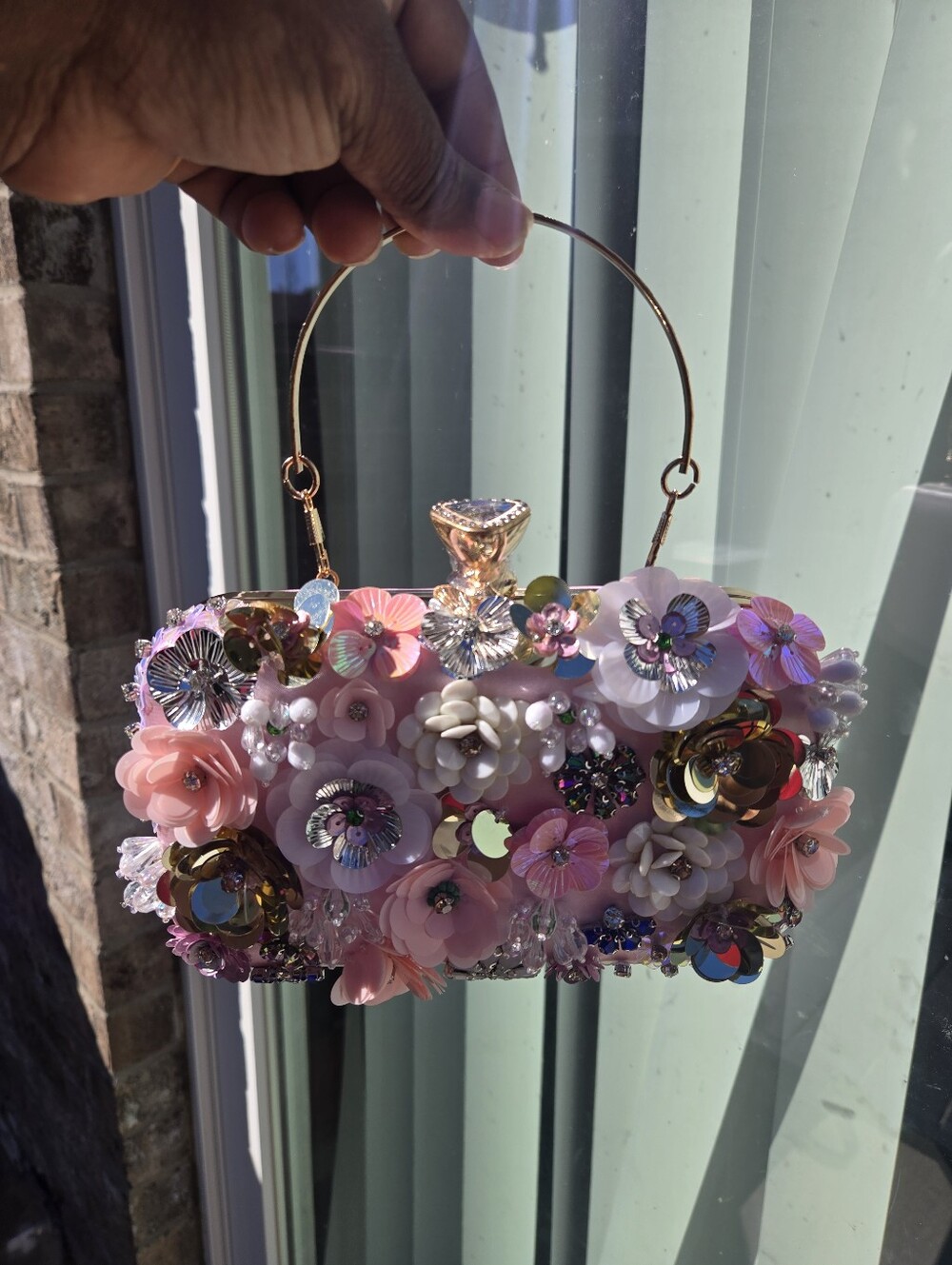 Pink Floral Beaded Evening Clutch with Gold Handle